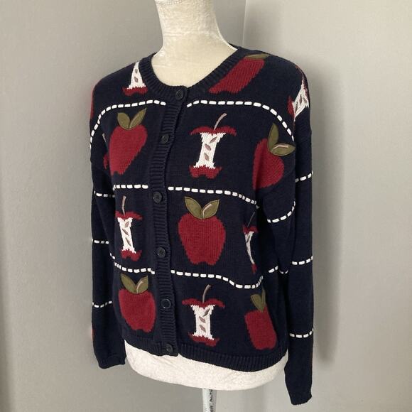 Vintage Christopher & Banks Hand Embroidered Apple Teacher Cardigan Navy Small - Picture 2 of 11